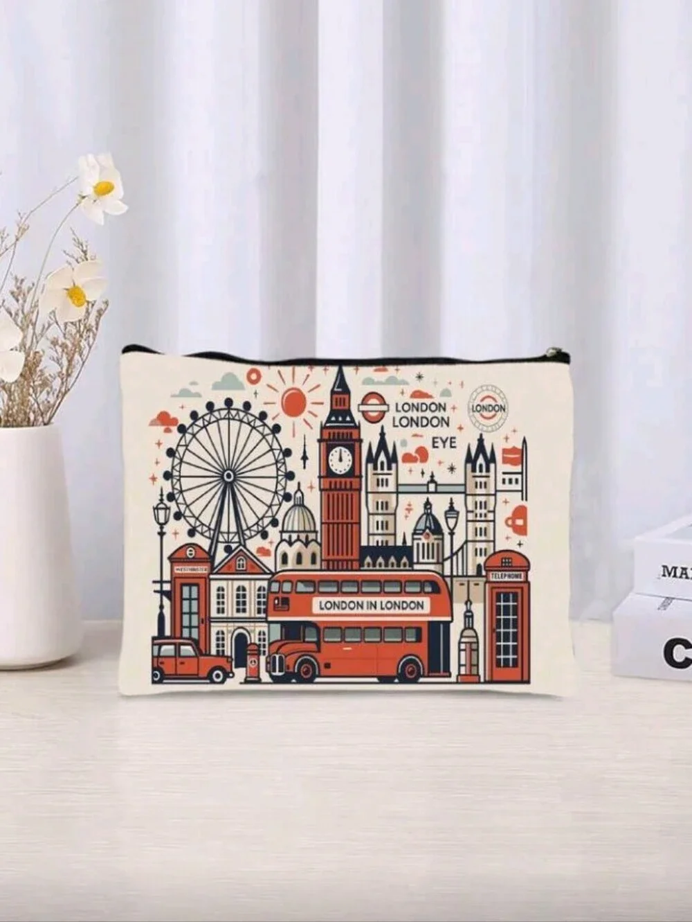 London Skyline Pouch Cream Red Summer Vacation Travel Zipper Pouch Purse